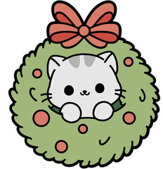 Kawaii Christmas Cat in Wreath SVG – Cute Holiday Clipart
