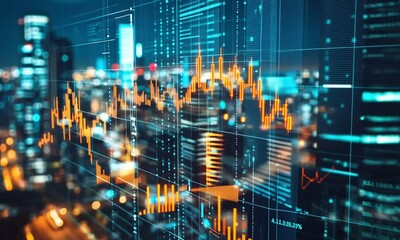 Cityscape overlayed with financial chart and data streams at night time in a digital rendering - Powered by Adobe