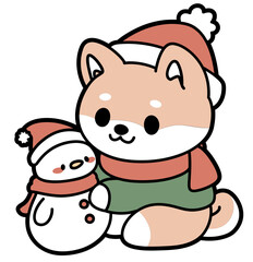 cute shiba puppy with snowmen, layered cut file, winter christmas clip art