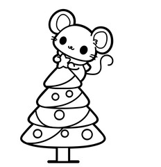 Kawaii Christmas Mouse with Tree Outline - Holiday SVG Clipart