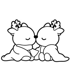 Kawaii Reindeer Couple Christmas Outline - Holiday SVG Clipart