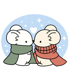 Two mice wearing scarves walking together under falling snow. Cozy and heartwarming kawaii Christmas illustration for cards and prints.