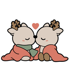 Two cute reindeer cuddling in a cozy winter scene. Warm and loving Christmas kawaii art perfect for greeting cards and festive prints.