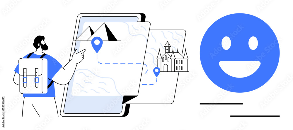 Aufkleber man with a backpack using a digital map showing a mountain, castle, and route. blue smiling face bub