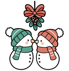 simple christmas snowmen kissing under mistletoe - layered cut file - winter clip art