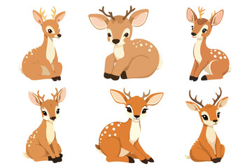 Cute Little Fawn Deer Vector Illustration Set Adorable Baby Animal Woodland Forest Wildlife Cartoon Character Collection Childish Graphic Design Element
