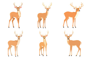 Set of Brown Male Deer with Antlers Vector Illustrations Collection. Wild Forest Animal Buck Stag Fawn Wildlife Nature Fauna Scalable Graphic Pack.