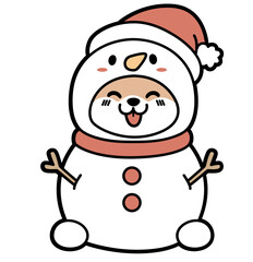 Kawaii Snowman with shiba inu puppy Face — Cute Christmas Winter Clipart Illustration