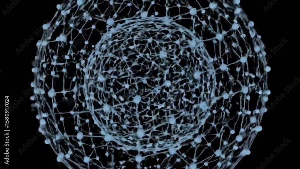Fototapete 3d wireframe sphere rotating in space with animated lines and dots on black background