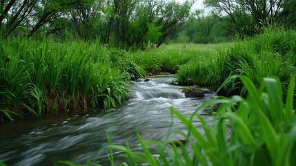 River Flowing Through Green Field
