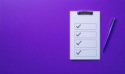 A checklist and pen on a purple background
