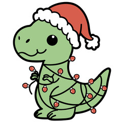 Cute Christmas Dinosaur Tangled in Lights – Kawaii Holiday Clipart