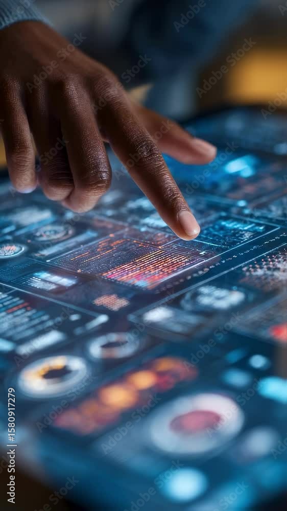 Poster close up of african american software developer analyzing holographic futuristic big data graphs and