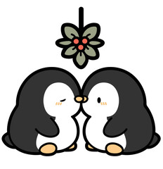 Cute Penguins Kissing Under the Mistletoe – Christmas Kawaii Clipart