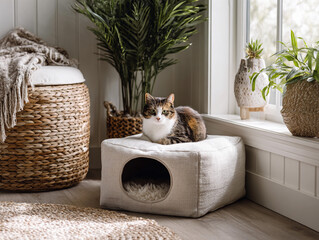 Cozy cat relaxing in a stylish indoor cat house near sunlight