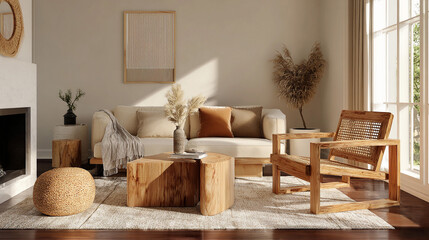 Modern living room with wooden furniture and natural light