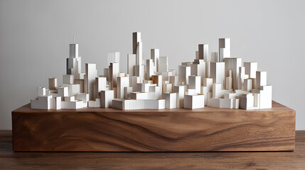 Minimalist Paper Cityscape Model on Wooden Base