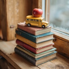 Warm autumn still life with stack of books, red apple, and yellow school bus toy on wooden table near window, cozy classroom atmosphere, color palette of warm yellow, red, brown, and soft green