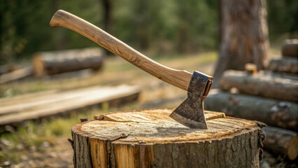 Woodcutting Axe Embedded in Stump