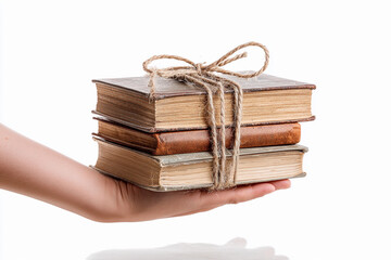Hand holding a stack of vintage books tied with twine