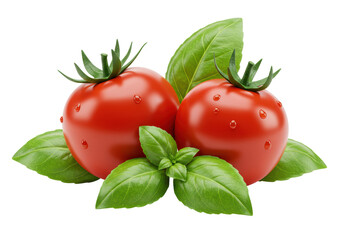 Isolated Two Ripe Tomatoes Adorned with Fresh Basil