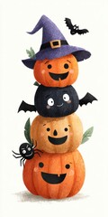 Halloween Pumpkins Stack with Witch Hats and Spiders Illustration in Orange and Black Colors