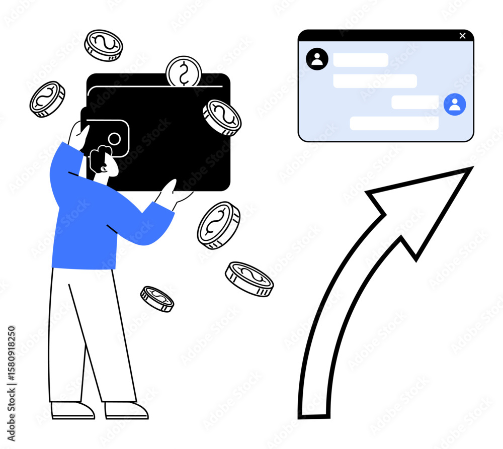 Poster man holding a wallet with falling coins alongside a chat window linked by an arrow. ideal for financ
