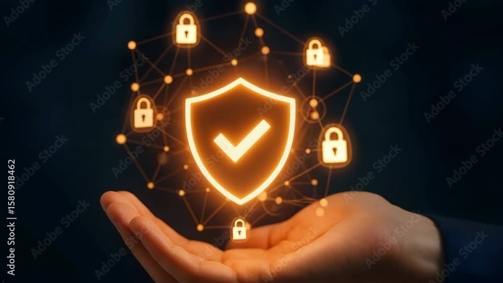 Poster open palms cradle a radiant shield icon linked to a web of padlocks. concept of holistic cybersecuri