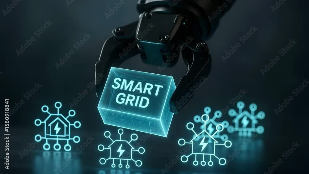 Poster a mechanical claw lifts a glowing cube labeled smart grid above energy network icons. concept of ai 