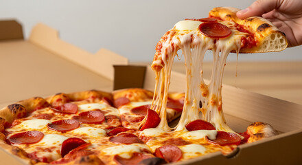 Hot Pepperoni Pizza Slice with Melted Cheese Pull from Delivery Box