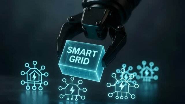 A mechanical claw lifts a glowing cube labeled smart grid above energy network icons. Concept of ai optimization in power distribution.