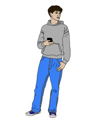 Young man standing with phone in hand - SVG