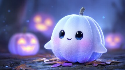 Adorable glowing ghost character with big eyes surrounded by pumpkins and sparkling fantasy foliage. 3D rendered magical Halloween scene.