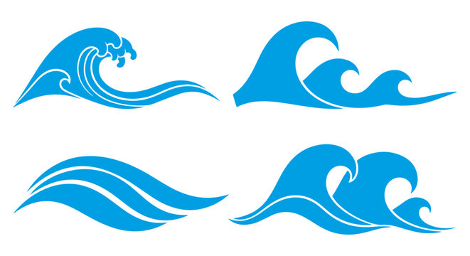 Set of dynamic blue waves isolated on a transparent or white background, vector illustration.