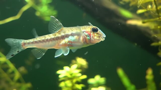 Small Freshwater Fish with Distinctive Pattern Swimming Gracefully in a Green Planted Aquarium, Showcasing Aquatic Life
