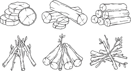 hand-drawn wood elements, including logs, tree stumps, chopped firewood, kindling, planks, and a wooden fence. Perfect for designs related to nature, camping, construction, forestry, heating.