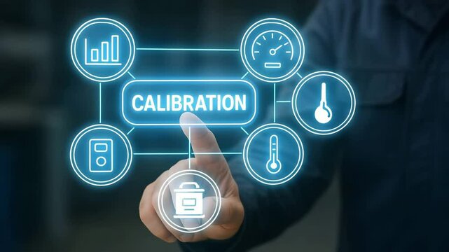 A technician presses a holographic calibration button flanked by gauge and thermometer icons. Concept of precise measurement control.