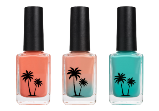Tropical Nail Polish Trio: Palm Tree Sunset Design, Isolated on Transparent Background PNG. Beauty, Cosmetics, Summer."