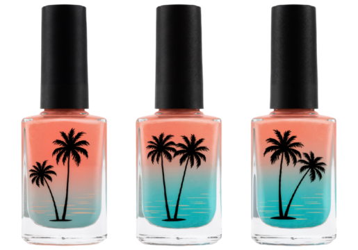 Tropical Nail Polish Trio: Palm Tree Sunset Design, Isolated on Transparent Background PNG. Beauty, Cosmetics, Summer."