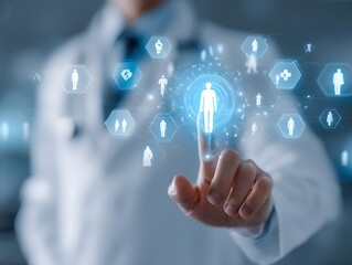 Doctor touches medical hologram interface.
