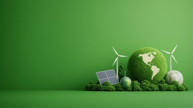 Eco-friendly earth day scene with green energy elements