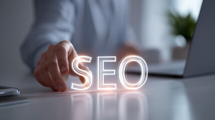 Futuristic augmented reality SEO dashboard interface with charts and analytics floating in the air. High-tech business scene, minimalistic workspace, digital marketing concept.