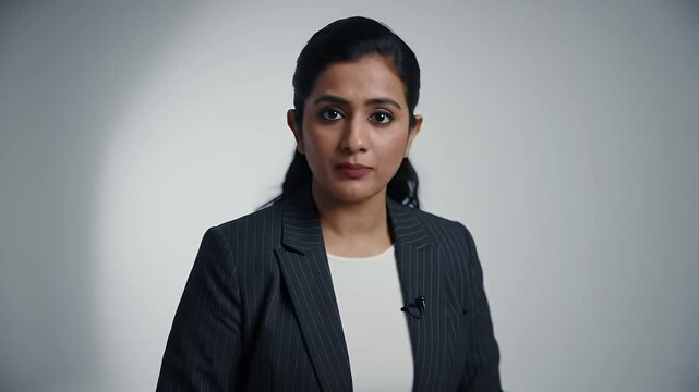 Young Woman Giving Business Presentation in Dark Gray Pinstripe Suit with White Background in Studio Lighting