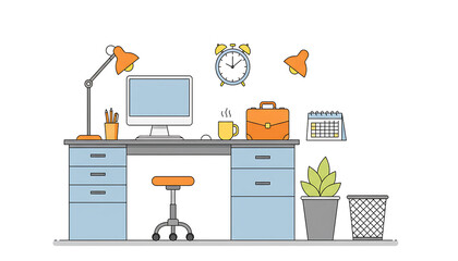 Cozy workspace illustration features a desk with computer, lamp, office chair, alarm clock and other work related objects