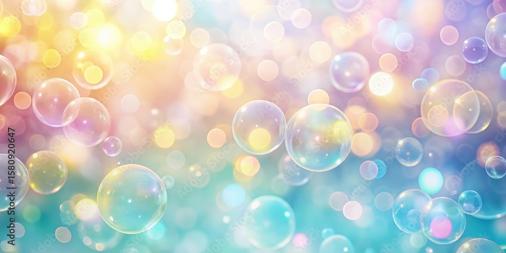Poster a dreamy display of iridescent bubbles floating amidst a soft, pastel-colored bokeh background