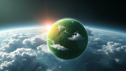 Fototapeta premium Lush green planet with vibrant ecosystem and glowing atmosphere, floating in cosmic space with subtle star glow.