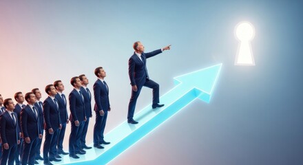 Fototapeta premium A group of business people follows a leader pointing towards a keyhole, symbolizing vision, leadership, and the path to success in a corporate environment, with a focus on growth.