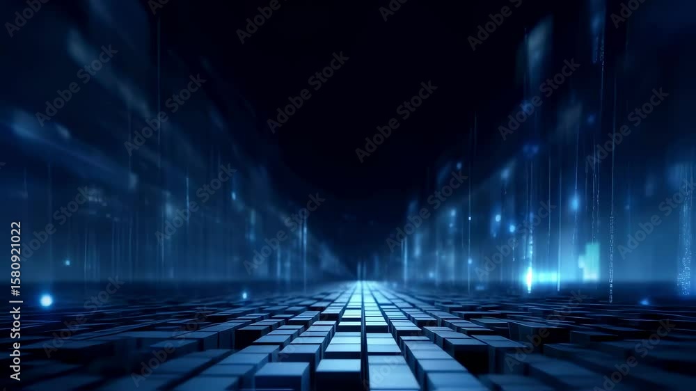 Poster dynamic vertical video of a bluetoned tech horizon showcasing a matrix of blocks that shift forward 