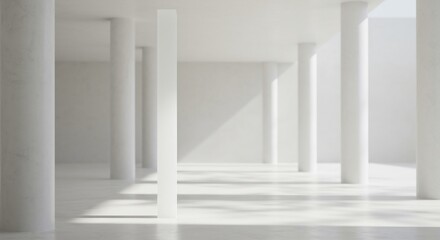 Bright white architectural interior with columns central slab and sharp shadows