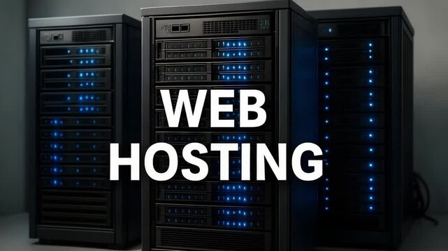 Rows of blue-lit server towers display bold text web hosting in a modern data center. Concept of cloud service and reliable infrastructure.